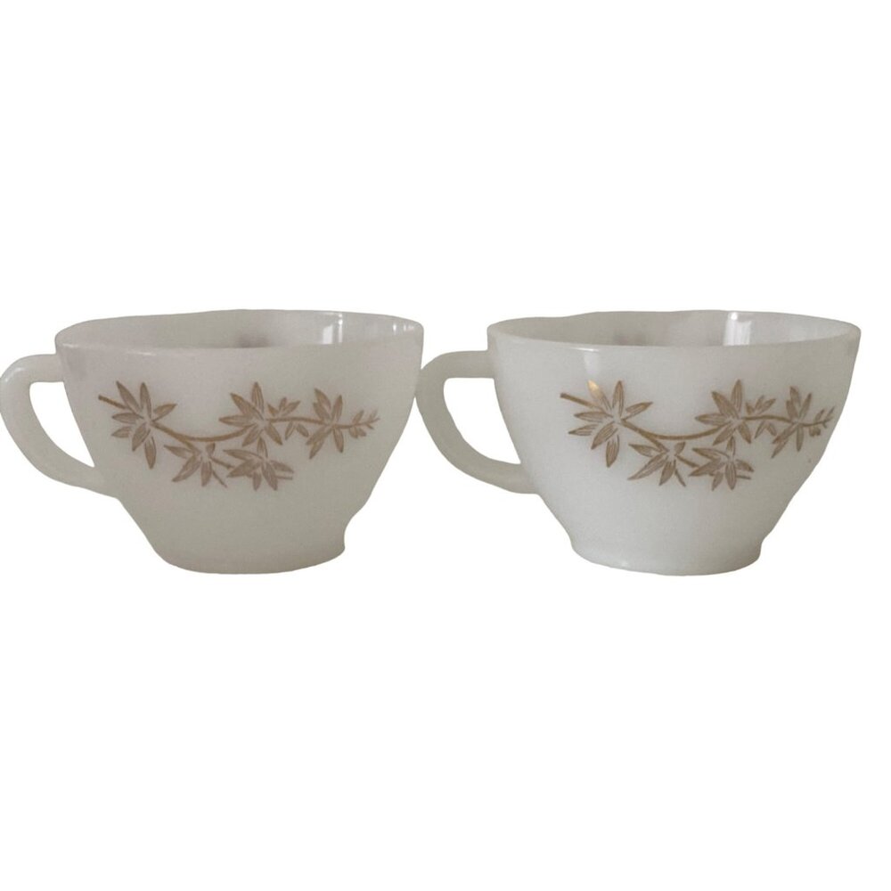 2 MCM VTG Coffee Tea Cup Golden Glory White Milk Federal Glass Gold Bamboo Leave